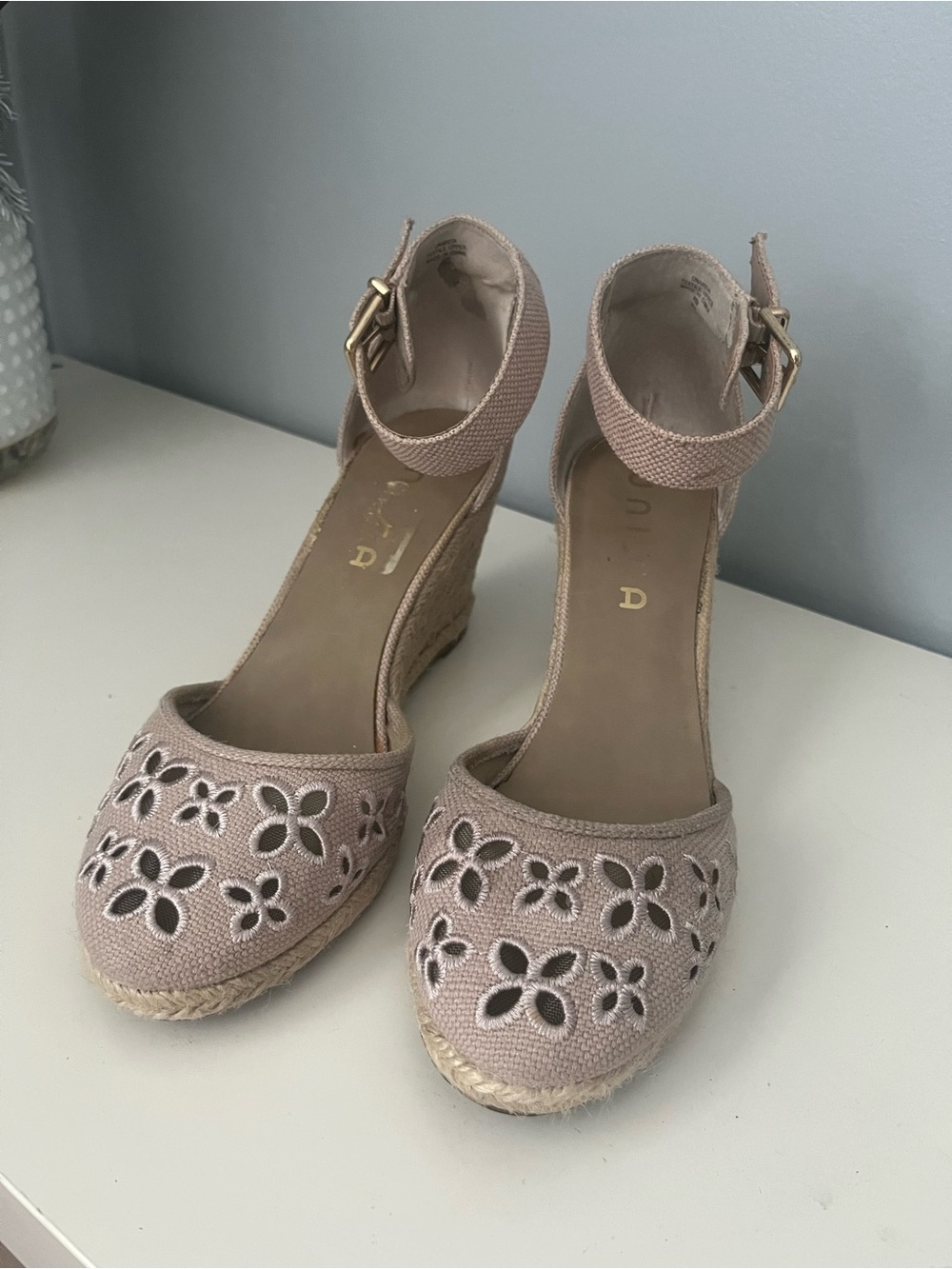 Unisa Women's Ankle Strap Espadrille Wedges in Blush Pink with Floral Cutouts